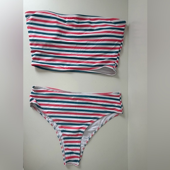 Zaful Other - Women’s Striped Two-Piece Cheeky Swim Set - Pink, Teal & White